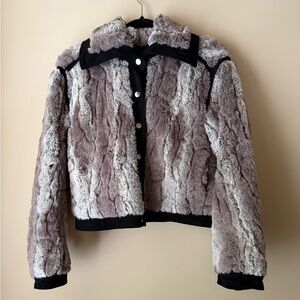 Faux Fur Jacket Silver Snap Button Coat with Black Trim + Pockets by Olivaceous